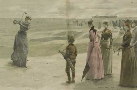 R Taylor After Lucian Davis. Golfing on Minchin Hampton Common, A Hazard on the Ladies Course, colour engraving, 31cm x 46cm.