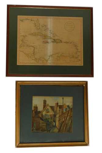 After J Russell. Coloured map of the West Indies, published by Wilkie and Robinson 1811, 35cm x 46cm, together with a watercolour depicting the back view of a house with a dog, unsigned, 25cm x 29cm.