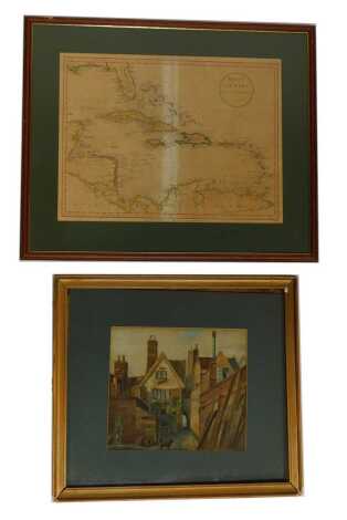 After J Russell. Coloured map of the West Indies, published by Wilkie and Robinson 1811, 35cm x 46cm, together with a watercolour depicting the back view of a house with a dog, unsigned, 25cm x 29cm.