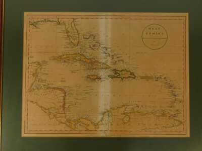 After J Russell. Coloured map of the West Indies, published by Wilkie and Robinson 1811, 35cm x 46cm, together with a watercolour depicting the back view of a house with a dog, unsigned, 25cm x 29cm. - 3