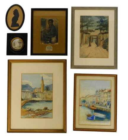 20thC School. Three watercolours depicting Continental scenes, river view in France, 16cm x 18cm, together with a portrait silhouette depicting a young girl, 15cm x 10cm, and After Baxter, print of a boy seated on a barrel, 15cm x 10.5cm, etc.