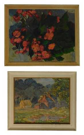 20thC School. Study of a cottage before a lake, oil on canvas, 33.5cm x 40.5cm, with dedication verso, together with study of flowers in vase, possibly by the same hand, oil on board, 49.5cm x 39cm. (2)