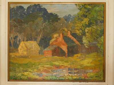 20thC School. Study of a cottage before a lake, oil on canvas, 33.5cm x 40.5cm, with dedication verso, together with study of flowers in vase, possibly by the same hand, oil on board, 49.5cm x 39cm. (2) - 2