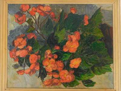 20thC School. Study of a cottage before a lake, oil on canvas, 33.5cm x 40.5cm, with dedication verso, together with study of flowers in vase, possibly by the same hand, oil on board, 49.5cm x 39cm. (2) - 4