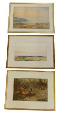 Hugh Rudley (early 20thC School). Coastal scene depicting a boat in the distance, watercolour, signed and dated 1914, 35cm x 51cm, together with a colour print depicting a hare and pheasants, 27cm x 41cm, and a study of buildings in a moorland landscape,