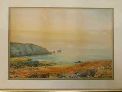 Hugh Rudley (early 20thC School). Coastal scene depicting a boat in the distance, watercolour, signed and dated 1914, 35cm x 51cm, together with a colour print depicting a hare and pheasants, 27cm x 41cm, and a study of buildings in a moorland landscape, - 4