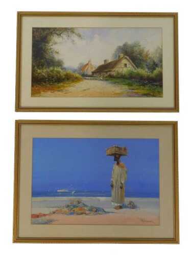 W Knox (Early 20thC School). Figure herding sheep on a country path before a thatched cottage, watercolour, signed and dated 1912, 21cm x 38cm, and a further work by the same hand depicting a figure on a beach with a basket on head beside a monkey eating