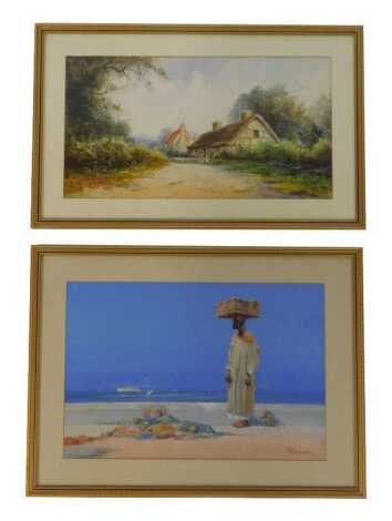 W Knox (Early 20thC School). Figure herding sheep on a country path before a thatched cottage, watercolour, signed and dated 1912, 21cm x 38cm, and a further work by the same hand depicting a figure on a beach with a basket on head beside a monkey eating 