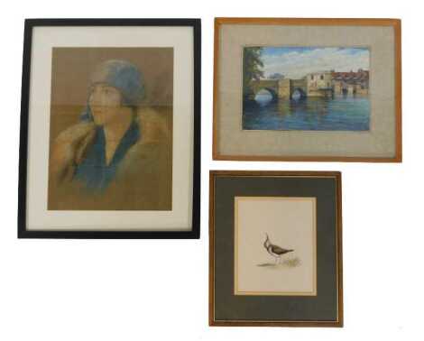 Early 20thC School. Pastel drawing of a lady in early 20thC clothing, 39cm x 29cm, together with a watercolour study of a bird, initialled MM and dated 77, 21cm x 17.5cm, and E. Kerr, an oil on panel depicting a bridge over water before timber framed buil