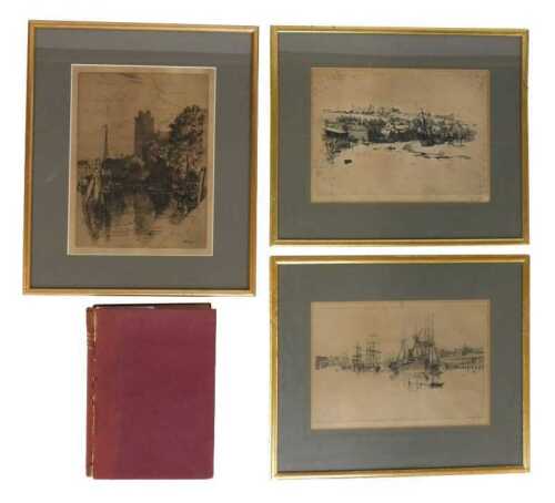 Hugh Paton ARE (1853-1927). Three black and white etchings, comprising two depicting fishing boats, each signed, 20.5cm x 30cm, and another indistinctly titled, depicting a church and buildings from the river, signed and dated 1910, 30cm x 22cm, together