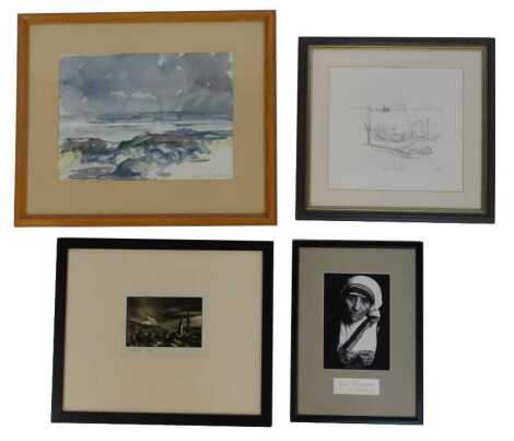 A group of pictures, comprising Barbara Rawcliffe. Seascape, watercolour, signed and dated 85, 25cm x 32cm, together with an engraving titled Beach Signals, initialled HC, limited edition number 37/90, 15cm x 17cm, photographic print of Lindisfarne Castle