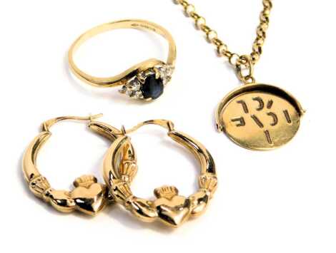 A 9ct gold belcher link neck chain, a pair of hoop earrings, pendant and a gem set ring, 7.5g.