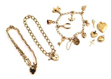 A group of 9ct gold and other jewellery, comprising a child's three bar 9ct gold gate bracelet, 12cm long, various chains, 9ct gold charm bracelet, 14cm long, plated lockets, etc., weighable gold 17.4g all in.