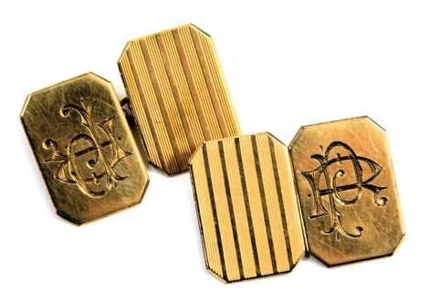 A pair of 9ct gold cufflinks, each of rectangular link with part engine engraved decoration and bearing the initials RP, with chain link, 4.3g, in fitted case.