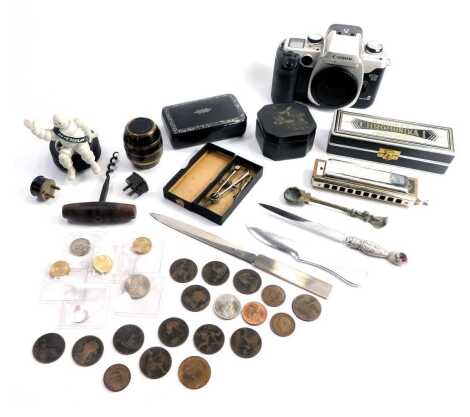 Vertu and collectables, including black papier mache rectangular box with mother of pearl decoration, corkscrew, Jacobite letter opener, miniature compact, Canon EOS 50E camera case, Michelin Man on tyre, etc. (a quantity)