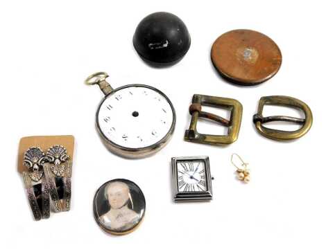 Costume jewellery and effects, comprising a 19thC silver cased pocket watch, with white enamel numeric dial and movement stamped Philip Abrahams of Hull and numbered 1208, (AF), and various other trinkets to include watch head, buckles, etc. (a quantity)