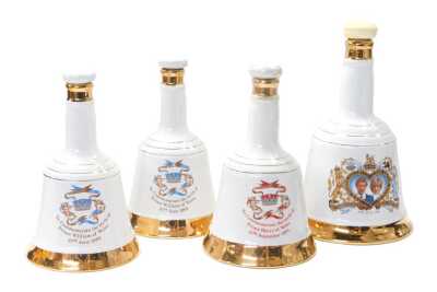 Four Bell's Scotch whisky commemorative decanters, with contents, to Commemorate the Marriage of HRH Prince Charles to Lady Diana Spencer, the Birth of Prince William of Wales, 50cl (x2), and the birth of Prince Henry of Wales. (4) (AF)