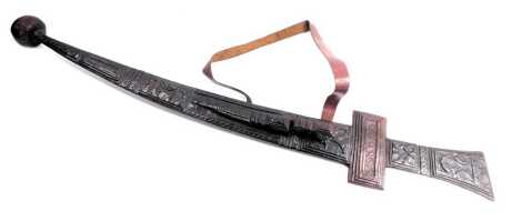 An Eastern curved blade knife, in red leather material scabbard, blade 52cm long.