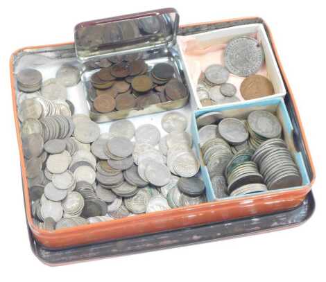 Pre decimal coinage, to include two shillings, threepence pieces, one shillings, commemorative 60 Years Reign medallion, etc. (1 tin)