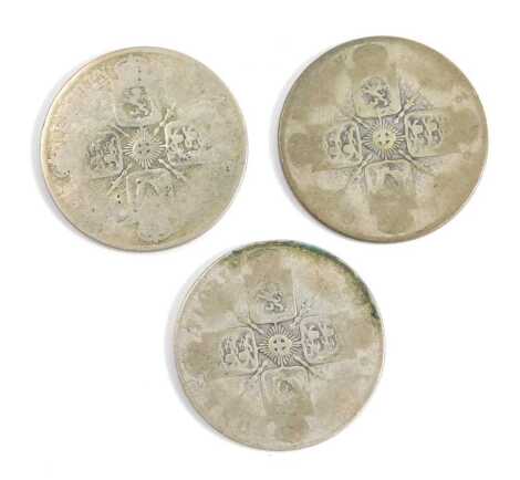 Three George V silver half florins, each heavily worn, 1oz. (3)