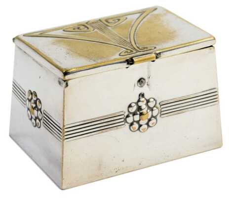 A WMF silver plated Art Nouveau storage box, of tapering form with flower and heart decoration, 5cm high, 7cm wide.