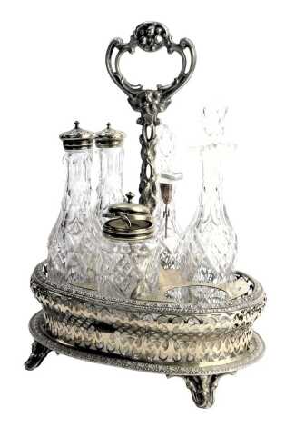 A Victorian silver plated six bottle cruet, each with cut glass bottle comprising salt and pepper shakers, vinaigrettes and mustards, one bottle missing, 31cm high. (AF)