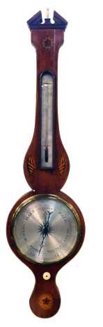 A Georgian mahogany banjo barometer, the silvered circular dial for J Cetta, 40 Hatton Garden London, with thermometer the case inlaid with shell and floral paterae, 102cm high.