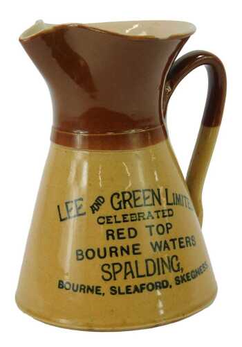 A Lee and Green Limited stoneware jug, to celebrate Red Top Bourne Waters, Spalding, Bourne, Sleaford and Skegness, 19.5cm high. (AF)