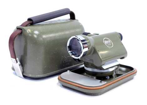 A Kern Swiss miniature theodolite, painted green, in a carry case.