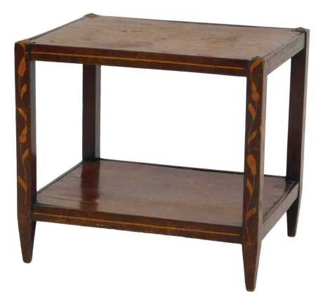 An 19thC Dutch mahogany and floral marquetry two-tier occasional table, the rectangular top with inlaid floral decoration, with inlaid supports and under tier, on square tapering legs, adapted from a whatnot, 44cm high, 48cm wide, 39cm deep.