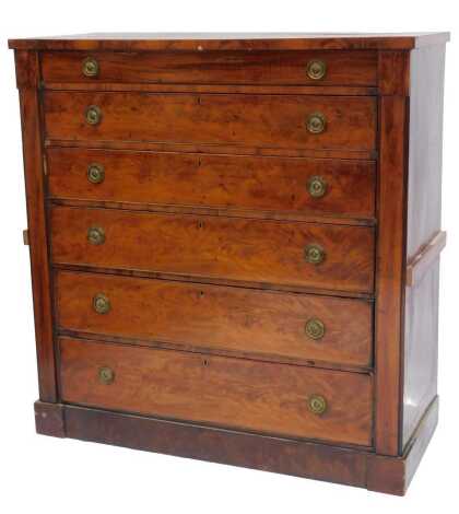 A Victorian flame mahogany chest, of six graduated drawers, on inverted break front plinth base, 130cm high, 125cm wide, 53cm deep.