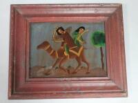 A 19thC Indian glass painting of an archer and harp player riding a camel