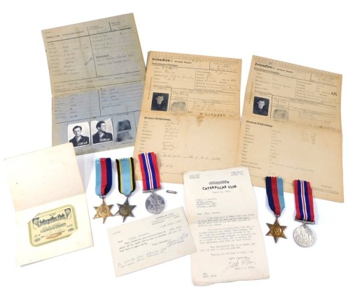 A group of WWII war medals, a 1939-1945 Flight Sergeant Henry Garratt campaign medal, air crew Europe Star and 1939-1945 star, a caterpillar club badge with associated membership paperwork, prisoner of war records, etc. Sergeant Garratt was flying from R