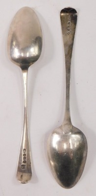 Two George III silver Old English pattern serving spoons, one bearing rubbed initials, makers Samuel Godbehere and Edward Wigan, London 1792 and another maker AH, London 1810, 3.67oz. (2) - 2