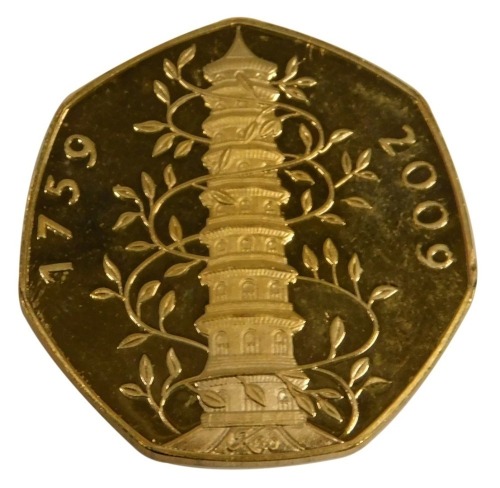 A gilded IRB copy Kew Gardens 1759-2009 fifty pence piece.