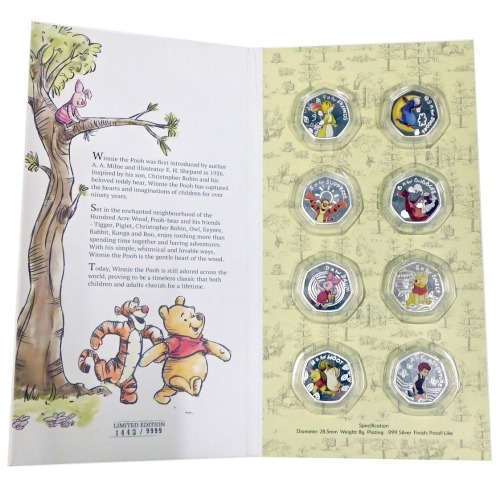 A Disney Winnie the Pooh silver edition fifty pence coin set, including eight fifty pence pieces in presentation pack, limited edition number 1443/9999.