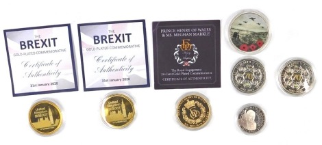 Collectors coins, comprising two HM Elizabeth II platinum jubilee five pound enamel decorated coins, a war poppy collection five pound coin, a Winston Churchill half crown, two gold plated commemorative Brexit coins, and a 24ct gold plated commemorative P