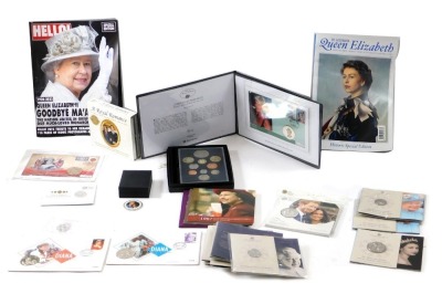 Royalty related coins, to include Elizabeth II platinum jubilee five pound uncirculated coin, fifty pence pieces, commemorative coin cover from the coronation, golden jubilee crown, longest reigning monarch twenty pound fine silver coin, to have and to ho