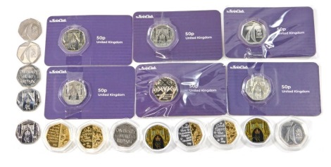 Various royal family related fifty pence collectors coins, to include Charles Regina fifty pence pieces, some gilded, Elizabeth II collectors coins commemorating her death, Diversity Built Britain, and other fifty pence pieces. (19)