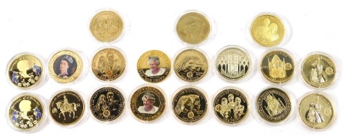 A group of gold plated five pound and one crown collectors coins, each royalty related, to include royal weddings, William and Catherine engagement, Princess Diana, and others. (a quantity)