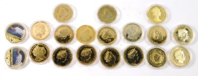 A group of gold plated five pound and one crown collectors coins, each royalty related, to include royal weddings, William and Catherine engagement, Princess Diana, and others. (a quantity) - 2