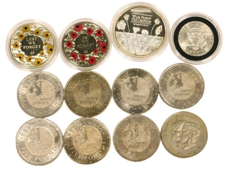 War poppy collection five pound coin, two Lest we forget five pound coins, The Anno Domini five pound coins, Liberty 1964 dollar, etc. (a quantity)