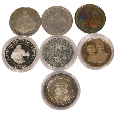 Seven silver and other collectors coins, to include anniversary of Elizabeth II Prince Phillip five pound coin, Queen Mother End of an Era 1901 Vanuatu, Ascension of Elizabeth I five pound coin, and others. (7)