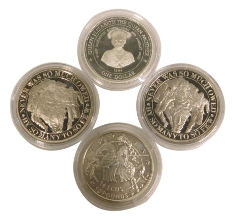 Four silver collectors coins, to include one Queen Mother Barbados dollar, two Commemorative 'Never has so much been given by so few' half crowns, ten pound /fourteen Ecus Gibraltarian coin. (4)