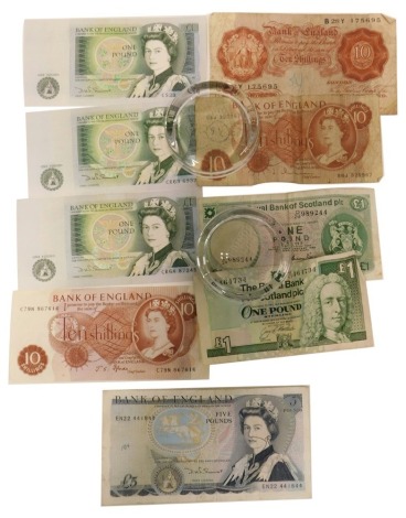 Banknotes, comprising three Bank of England one pound notes, a Bank of England five pound note, two ten shillings, and Royal Bank of Scotland one pound notes. (a quantity)