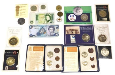 A collection of coins and banknotes, to include Battle of Britain 50th anniversary medallion, Falkland Island medallion, Royal Mint British decimal first coins, replica Roman coins, etc. (a quantity)