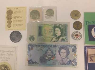 A collection of coins and banknotes, to include Battle of Britain 50th anniversary medallion, Falkland Island medallion, Royal Mint British decimal first coins, replica Roman coins, etc. (a quantity) - 2