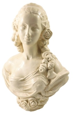 A cream painted plaster bust of a lady, wearing a floral dress, 53cm high.