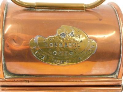 Two copper and brass lamps, partial oval label for Longacre London Fire Engine Makers, 26cm high. (2) - 2