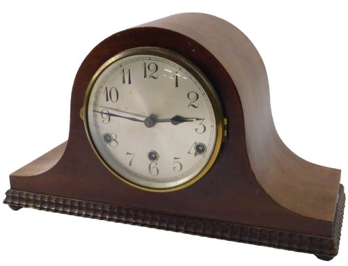 An early 20thC mahogany Napoleons hat shaped mantel clock, with Westminster chime, on bun feet, 38cm wide.